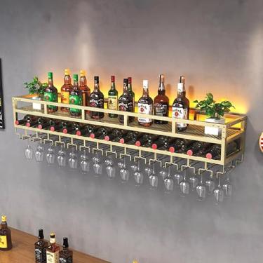 Imagem de Prateleiras flutuantes modernas de bar, rack de vinho de metal montado na parede com luz LED, suporte de garrafa de ferro multifuncional, prateleiras de exibição de vinho com rack de vidro, para casa