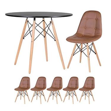 Imagem de Loft7 Home Decor, Kit Mesa Eames Eiffel 90 cm + 5 Cadeiras Estofadas Botonê - Marrom