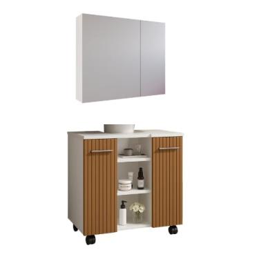 Imagem de Armário Gabinete de Banheiro para Pia de Coluna – Premium, Armazenamento Vertical Resistente à Umidade para Higiene e Cosméticos Doméstico (Kit.Esp.Branco+Gab.BrancoRip)