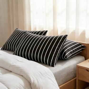 Imagem de MAG Lençol de cima listrado tamanho casal apenas, lençol de cima guingão à base de preto e branco, microfibra super macia, tamanho casal (203 x 241 cm).