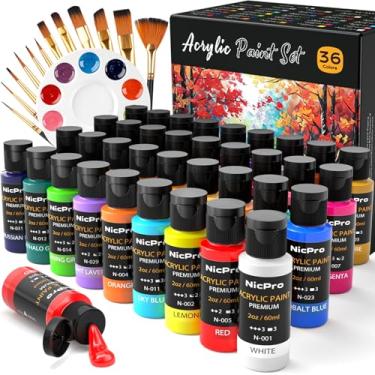 Imagem de Nicpro Conjunto de tinta acrílica de 36 cores com 12 pincéis e paleta, kit de materiais de arte não tóxicos para pintura de tecido, tela, argila, madeira, rocha e cerâmica, pigmentos ricos para