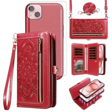 Imagem de Asuwish Capa de celular para iPhone 15 15.5 cm carteira com zíper destacável com protetor de tela de vidro temperado alça transversal para pulso mandala flor porta-cartão i Phone15 i15 15 capa