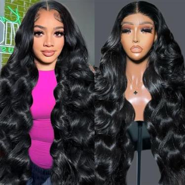 Imagem de Mihugass Perucas frontais de renda com densidade 250, 33 x 15, cabelo humano 81 cm #1 preto azeite ondulado frontal perucas com cabelo de bebê para mulheres 280 g HD transparente sem cola perucas de