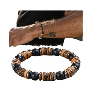 Imagem de Pulseira Masculina De Contas De Madeira Lava Com Hematita, Joia De Ped