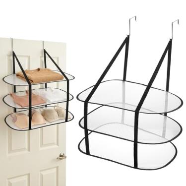 Imagem de 2 peças de escorredor dobrável plano sobre a porta, 3 camadas preto grande pendurado secador de roupa suéter rack de secagem de roupas de malha pendurar pendurar pendurar plano para pequenos espaços