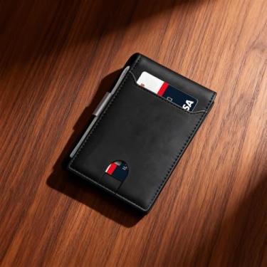 Imagem de Carteira masculina minimalista fina de couro legítimo dobrável com bloqueio de RFID, bolso frontal para uso diário, Preto puro, Minimalista