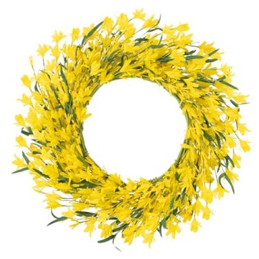 Imagem de U'Artlines Guirlanda de porta de forsítia amarela primavera de 55 cm, guirlanda de primavera e verão para porta da frente, grande guirlanda de seda artificial com folhas verdes para todas as estações