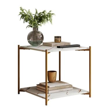 Imagem de Mesa Lateral Quadrada G7002 Com Pés De Metal Marmore Branco/dourado Marmore Branco/dourado