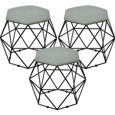 Imagem de Kit 03 Puffs Aramado Preto Six L02 Linho Cinza Escuro
