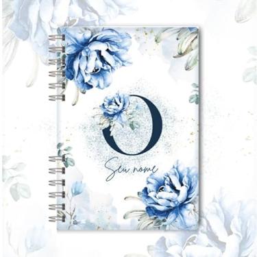 Imagem de Caderno A5 floral azul capa dura personalizado com inicial e nome, caderneta para anotações, caderno de anotações pautado ou sem pauta para estudo, organização e uso diário (O)