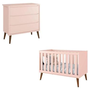 Imagem de Berço Americano e Cômoda Infantil Gaveteiro Theo Rosa com Pés Amadeira
