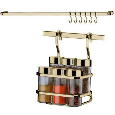 Imagem de Kit Cozinha 2 Peças Barra 45cm Ganchos Suporte Porta Temperos Dourado 