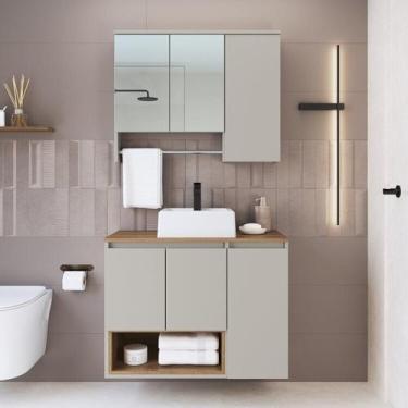 Imagem de Conjunto para Gabinete Suspenso 80cm com Cuba e Espelheira 3 Portas co