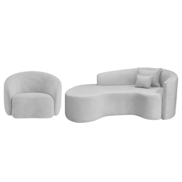 Imagem de Kit Recamier Curvo Sala De Estar Inglaterra 180cm Lado Esquerdo E Poltrona Orgânica Luxo Amore Linho Cinza Claro