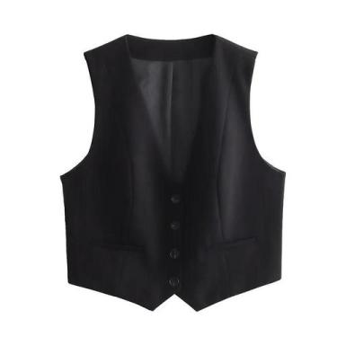 Imagem de Colete Feminino Preto E Branco Sem Mangas Com Decote Em V, Top Cropped