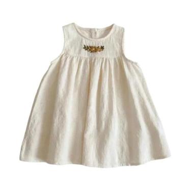 Imagem de Vestido Casual Verde Bege Para Meninas, Gola Redonda, Bordado De Flore