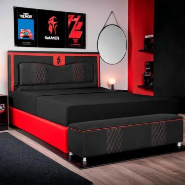 Imagem de Kit Quarto Gamer Baú e Painel Fighter USB 140cm Cama De Casal - SOFA S