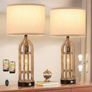 Imagem de Set de 2 Lámparas de Mesa Seealle de Madera Estilo Casa de Campo con P