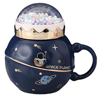 Imagem de seelucky Caneca de astronauta estilo minimalista com tampa de colher estrela copo de café de cerâmica infantil caneca de leite de desenho animado xícara de chá presente escritório casa (espaço planeta b azul escuro, 400 ml)