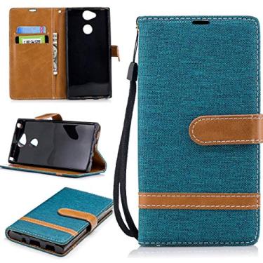 Imagem de Capa para celular com textura jeans combinando de cor para Sony Xperia XA2, com suporte e compartimentos para cartões, carteira e cordão (preto) bolsas (cor: verde)