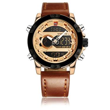 Imagem de Relógio analógico masculino digital à prova d 'água, pulseira de couro esportivo, relógio com despertador e mostrador duplo, data de pulso, Rose Gold Brown