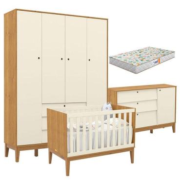 Imagem de Quarto de Bebe Unique 4 Portas com Cômoda Sapateira Freijó Off White Eco Wood e Colchão Gazin - Matic