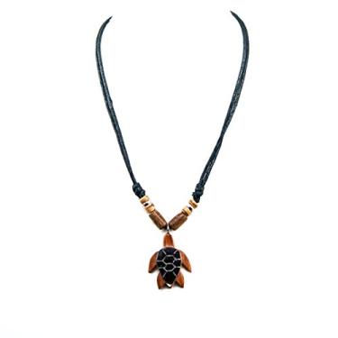 Imagem de BlueRica Cordão ajustável (preto) com pingente de tartaruga de madeira e concha e detalhes de contas de madeira