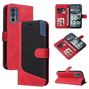 Imagem de Capas de telefone com costura colorida retrô compatíveis com Motorola Moto G62 5G capa de couro slots magnéticos para cartão de visita carteira clipe suporte para telefone (vermelho, Moto G62 5G)