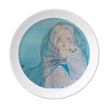Imagem de Prato de aquarela azul branco coruja menina estilo chinês decoração porcelana salver talheres jantar prato