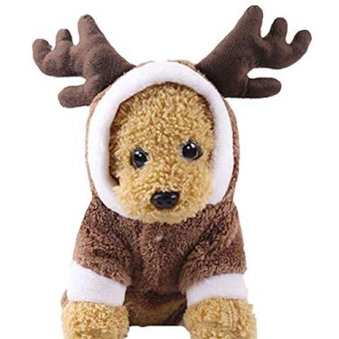Imagem de Yu-Xiang Fantasia de alce de Natal com chifre de outono e inverno veludo para animais de estimação, casaco com capuz para gatos e cães, roupas para cosplay de quatro pernas (PP)