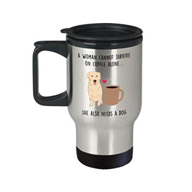 Imagem de Caneca de viagem A Woman Cannot Survive On Coffee Alone – Presente para amantes de cães – Copo de chá divertido com isolamento de chocolate quente – Aniversário de Natal G