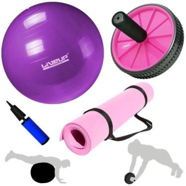 Imagem de Kit Treino Bola Suica 55cm + Colchonete Eva + Roda Abdominal + Bomba