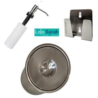 Imagem de Kit Lixeira Embutir 5Lt M, Dosador E Porta Esponja Em Inox 304 - Lojas