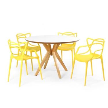 Imagem de Conjunto Mesa de Jantar Redonda Marci Premium Branca 120cm com 4 Cadeiras Allegra - Amarelo