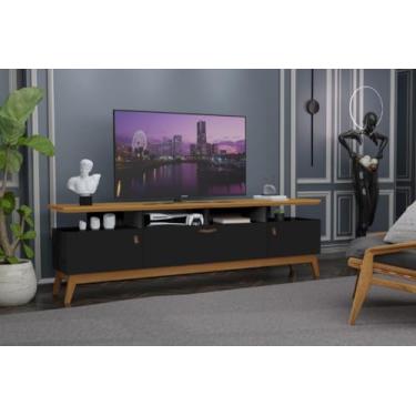 Imagem de Rack ABS 1.80m Estilo Retrô Com Pés em Madeira e Puxadores em Couro Para TV Até 70'' 3 Portas Cor Nature/Preto