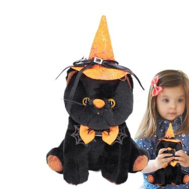 Imagem de Boneca de gato de pelúcia de Halloween gato preto de pelúcia com chapéu, presente infantil, decoração de festa (gato preto e chapéu laranja)