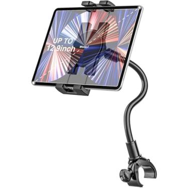 Imagem de woleyi Suporte de tablet para bicicleta giratória, suporte de tablet para bicicleta de exercícios de pescoço de ganso, suporte de tablet elíptico para esteira de academia compatível com iPad Pro 9.7, 11, 12,9/Air/Mini, mais dispositivos de 4 a 13 polegadas