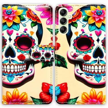 Imagem de Beaucov Capa com bloqueio de RFID para Samsung Galaxy A15 5G, flores brancas, crânio de açúcar, capa tipo carteira com suporte para cartão e suporte para Samsung Galaxy A15 5G