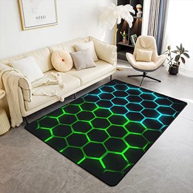 Imagem de Tapete de área de favo de mel azul verde 12,5 x 1,80 m neon luz geométrico hexágono decoração tapete para adolescentes adultos moderno patchwork xadrez estilo simples tapete antiderrapante para sala