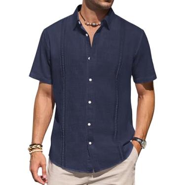 Imagem de Camisas masculinas de linho manga curta com botões casual leve camisa lisa elegante cubana Guayabera Beach Tops, Azul marinho, 5G