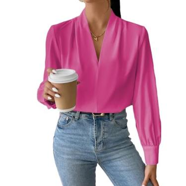 Imagem de EVALESS Camisas de manga comprida para mulheres na moda com decote em V tops de verão elegantes blusas casuais de chiffon ajuste solto blusa de trabalho escritório top, B Rosa, XXG