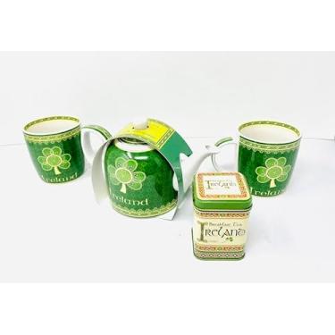 Imagem de Royal Tara Conjunto de 4 canecas Irish Shamrock 2 Bone China Chávenas de Café Bule de Chá Café da Manhã Folhas Soltas Chá Reutilizável Lata Dia de São Patrício Utensílios de Cozinha Presente de inauguração de casa