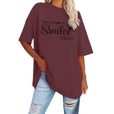 Imagem de Camisetas femininas grandes casuais com estampa de letras engraçadas manga curta macia verão Y2K blusa solta, Vinho, M