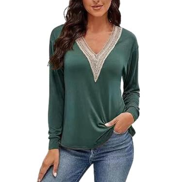 Imagem de Camisetas femininas casuais com decote em V e manga comprida soltas de outono 2024 túnica slim fit blusas elegantes, Verde, P