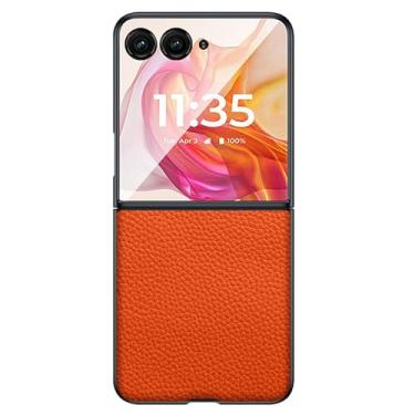 Imagem de LTLMYDAM Capa de couro genuíno para Moto Razr 50Ultra/50, capa de telefone fina estilo negócios capa de proteção contra quedas traseira textura lichia, laranja, 50