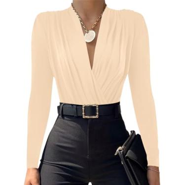 Imagem de LYANER Body feminino com gola V franzida e manga comprida, Bege claro, G