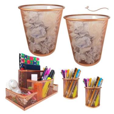 Imagem de Kit Organizador, Porta Caneta e Lixeira Rose Gold Escritório - Markys 
