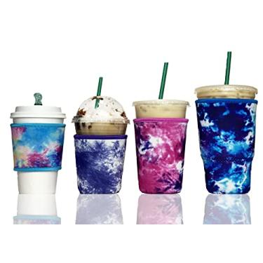 Imagem de Manga de café gelado Baxendale para copos de bebida fria - Pacote com 4 capas de copo de manga de café gelado de neoprene para bebidas frias, reutilizável compatível com Starbucks Dunkin, 4 mm de espessura (4 PK PP/P/M/G, mistura de respingos nº 1)