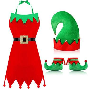 Imagem de 3 peças de avental de elfo de Natal kits de fantasia incluindo avental de elfo avental de tecido chapéu de elfo de Papai Noel e sapatos de elfo para o Natal, Avental vermelho, gola verde, M