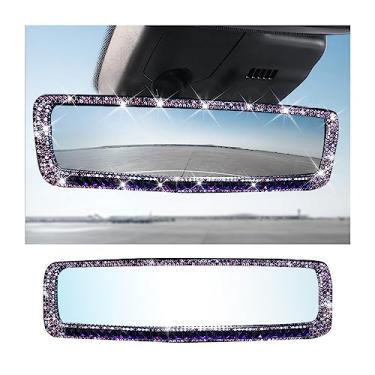 Imagem de AUCELI Espelho retrovisor de carro, espelho retrovisor interno com strass brilhante com vidro HD, espelho retrovisor de clipe grande angular com diamante de cristal brilhante, acessórios de decoração de carro para mulheres (roxo)